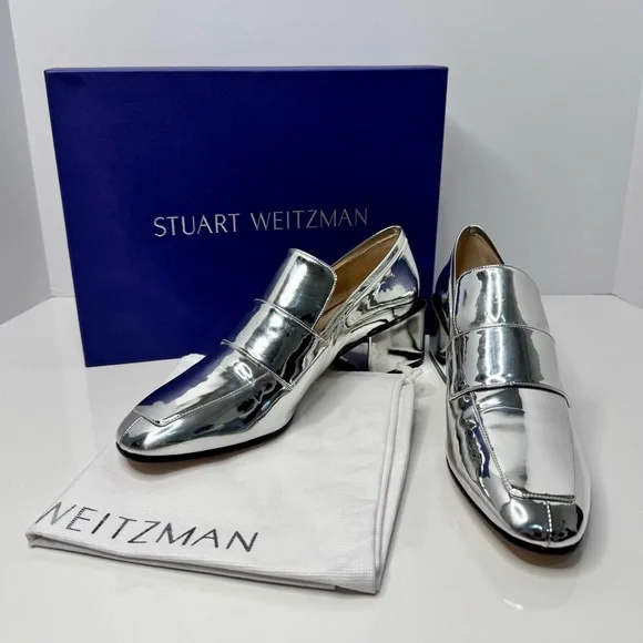 Stuart Weitzman ‘Sawyer’ Metallic Block Heel Loafer in Polar Silver NIB - Picture 2 of 11